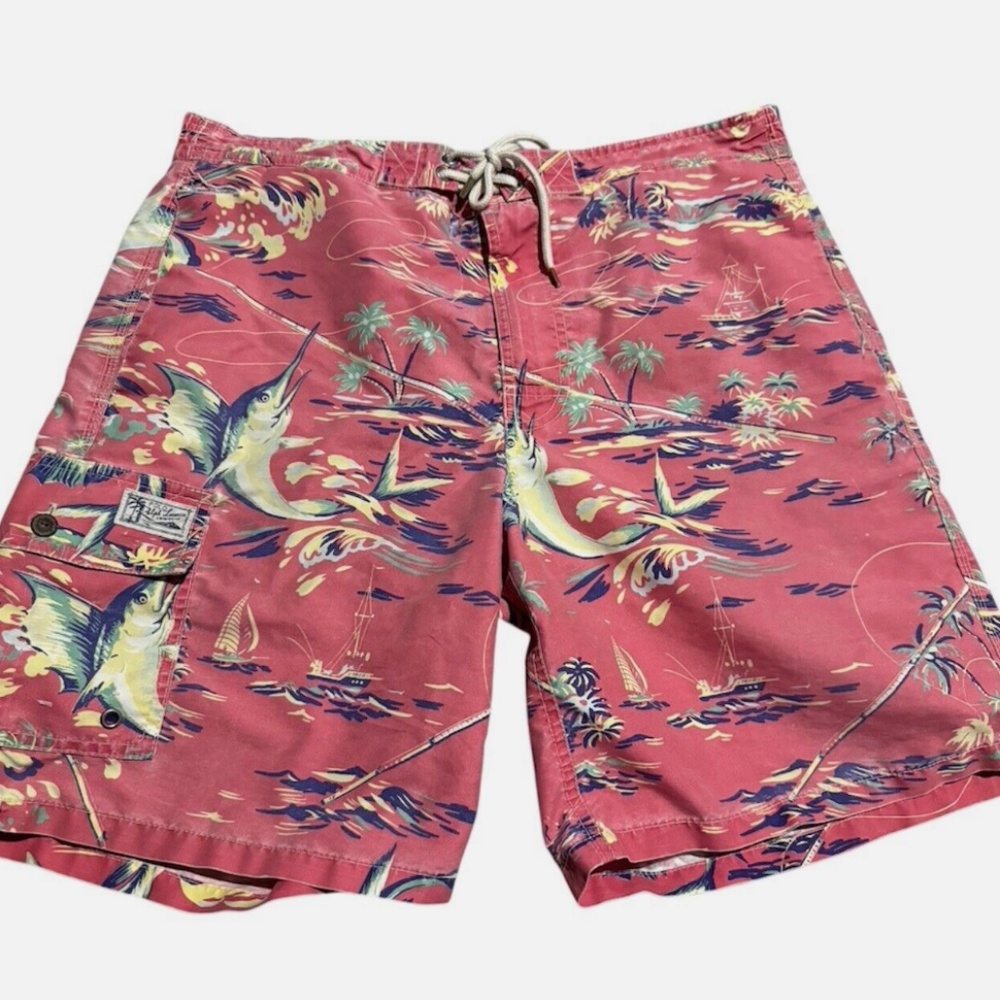 POLO RALPH LAUREN Swim Trunks Mens M Traveler Fishing Boat Sailboat Red, Blue